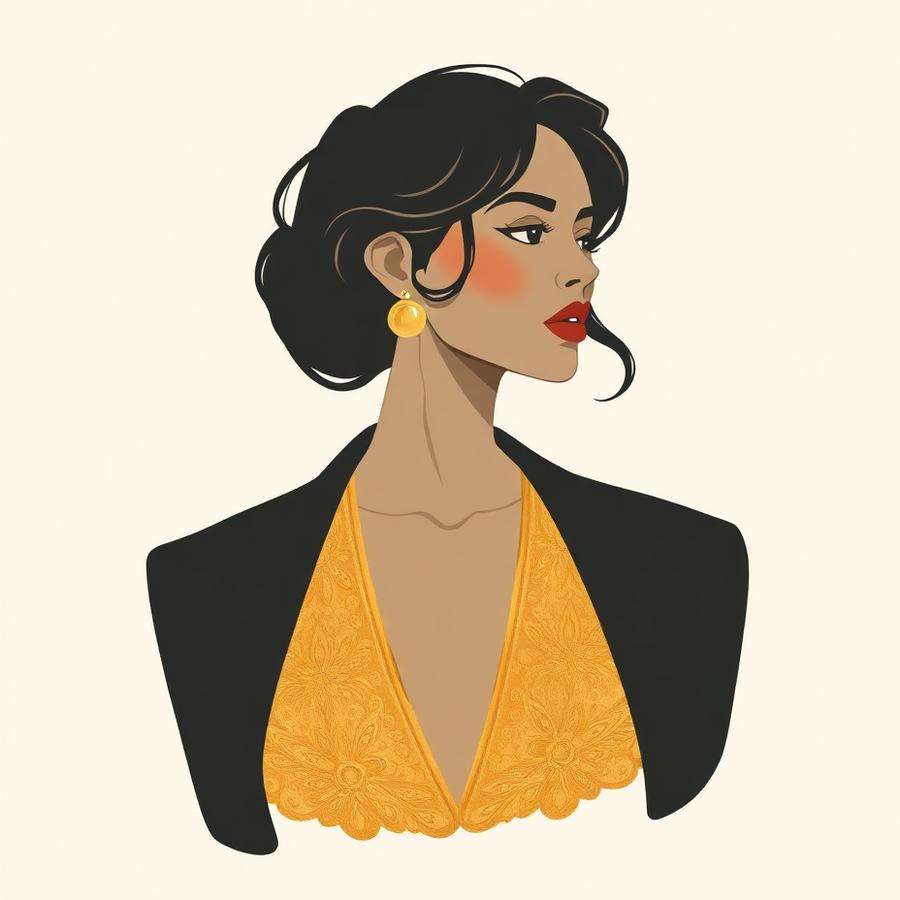 Flat editorial portrait illustration of a woman in ochre lace and black coat