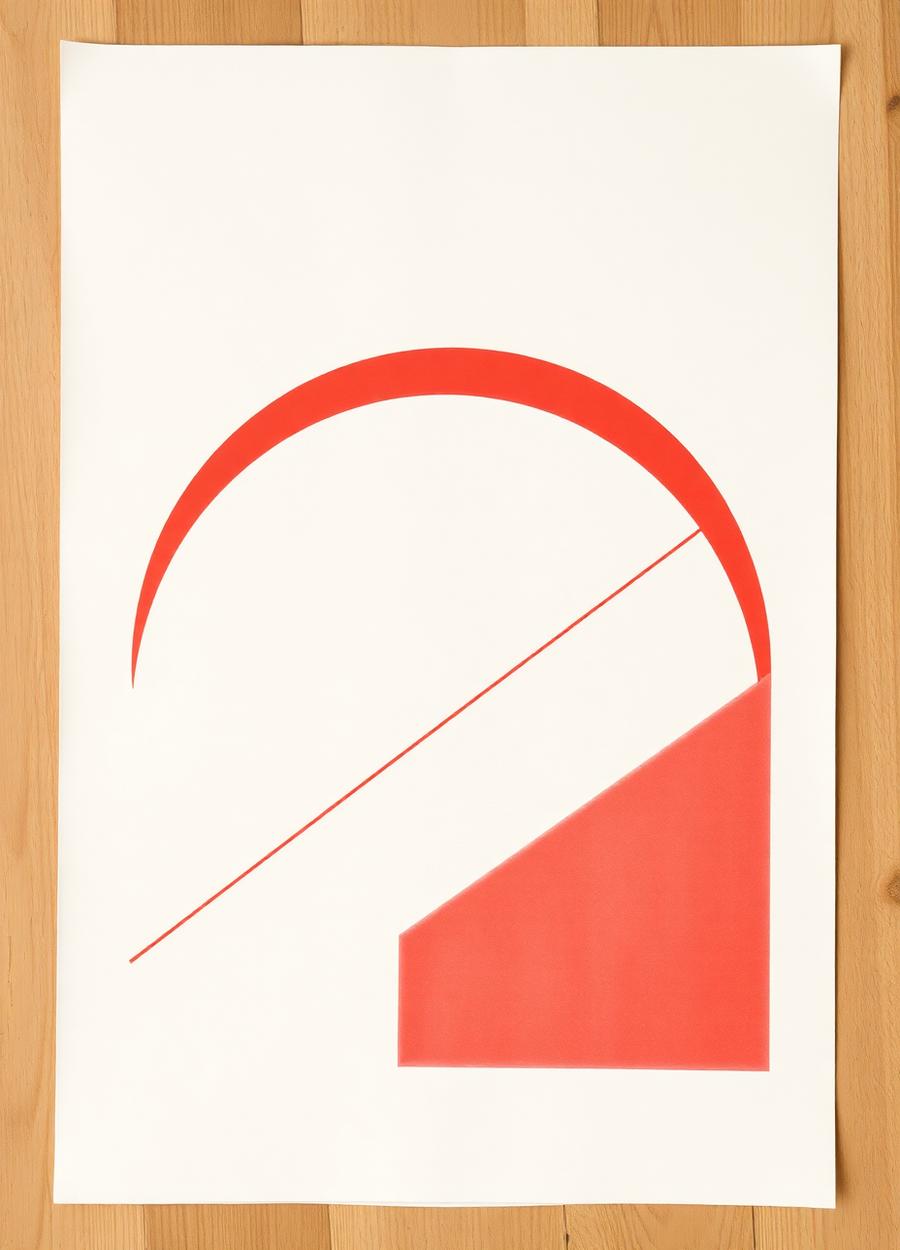 Poster print with a red arc and thin diagonal line on cream paper