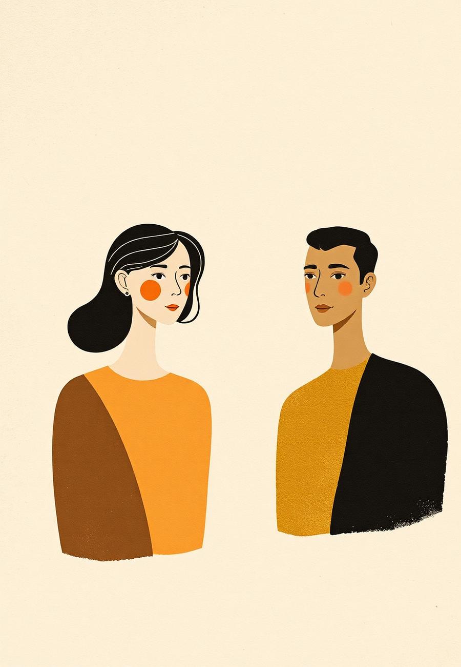 Two stylised figures illustrated in ochre, brown and black on cream