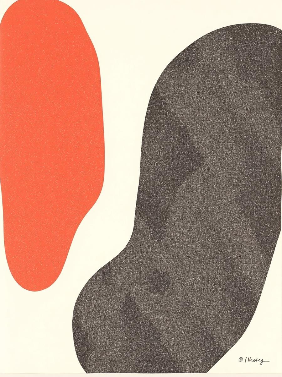 Risograph print with a coral and a speckled charcoal shape on cream