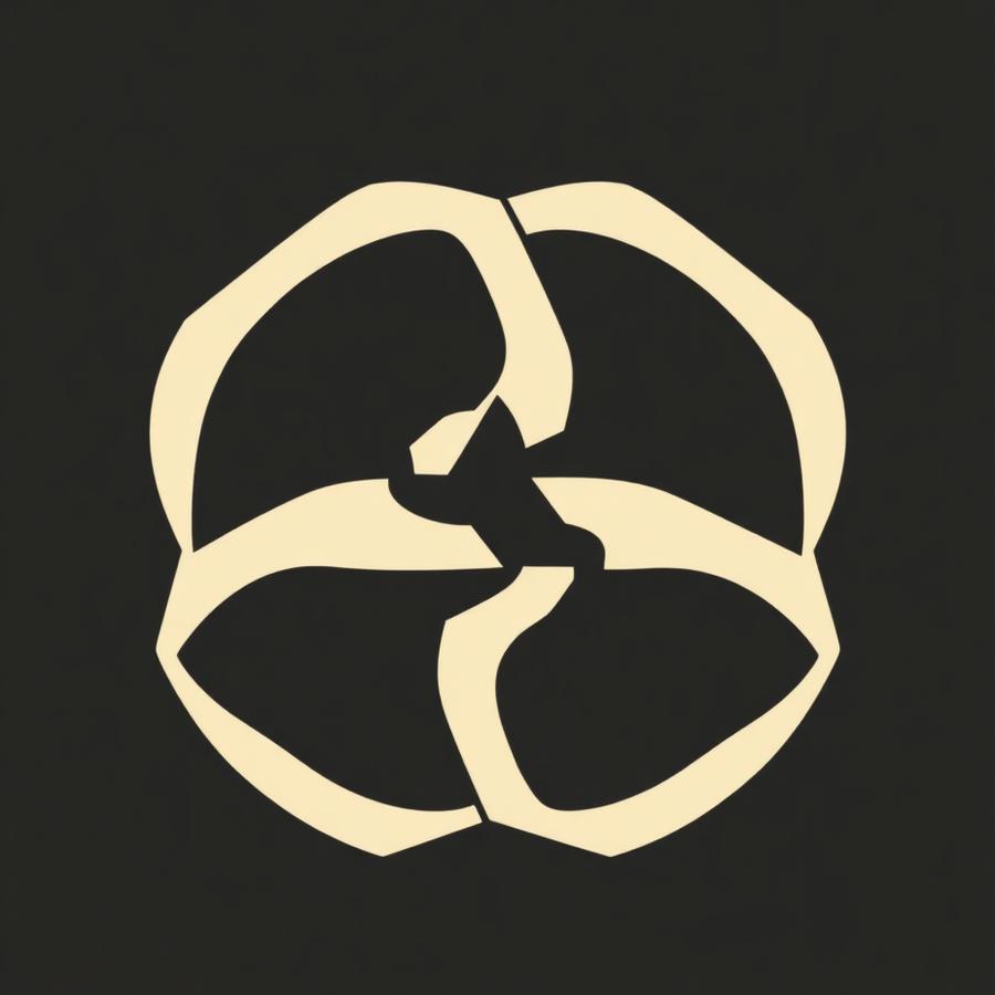 Interlocking cream geometric loops forming a brand symbol on charcoal