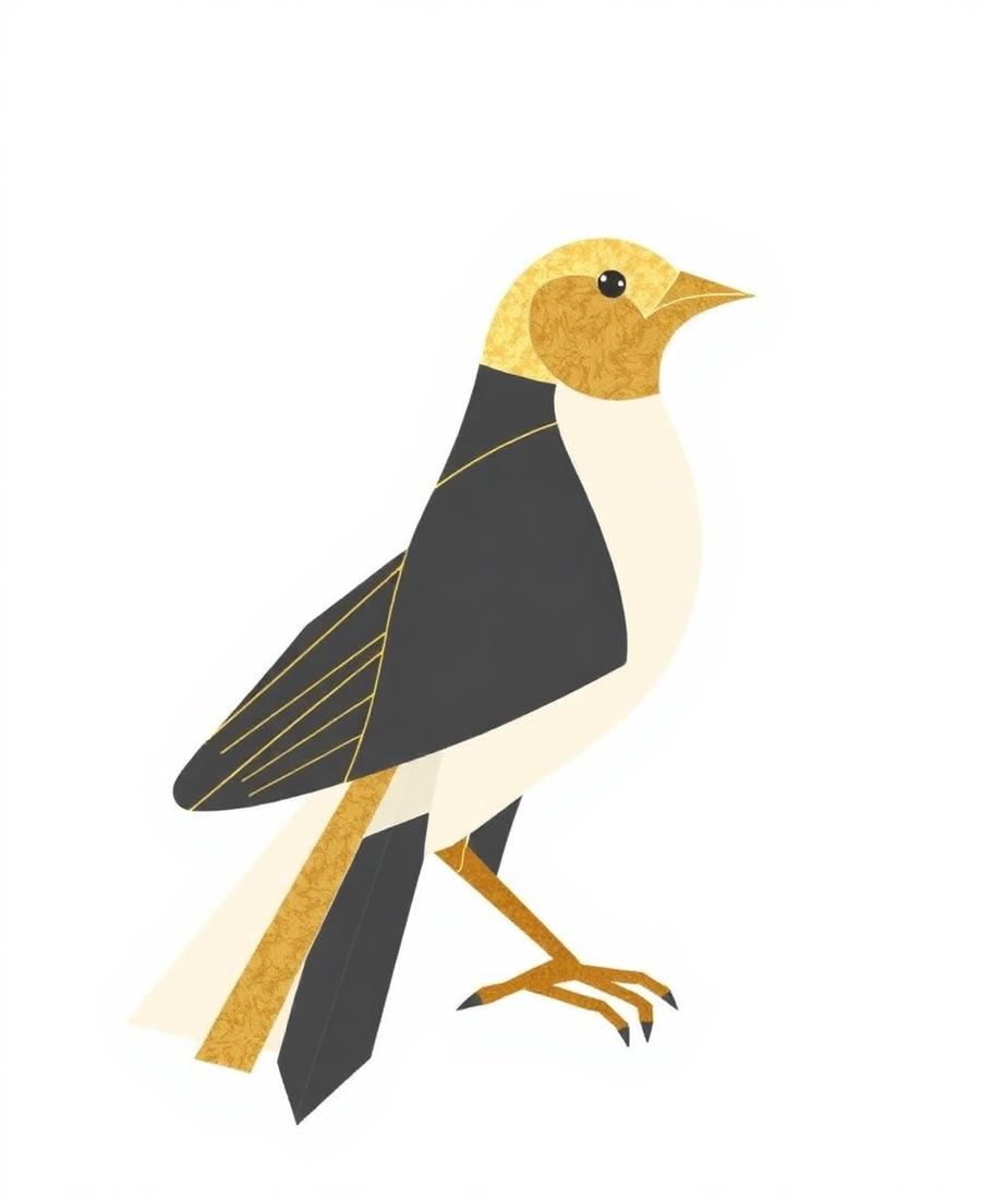 Bird illustrated from flat geometric shapes in gold, charcoal and cream