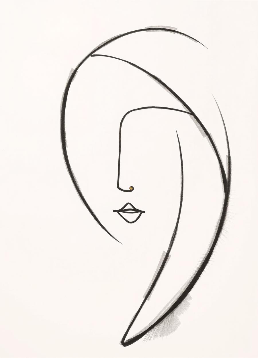 Continuous line drawing of a face with a single gold dot