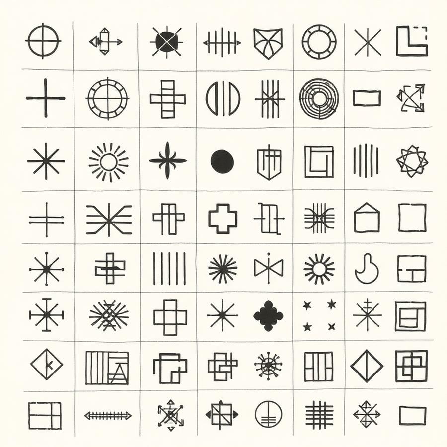 Grid of abstract geometric symbols drawn in thin charcoal lines on cream