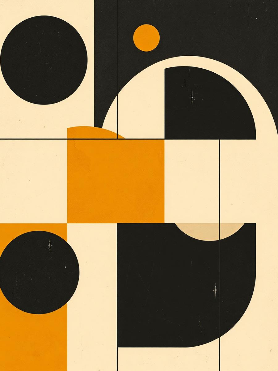 Bauhaus style composition of circles, arcs and blocks in mustard, black and cream