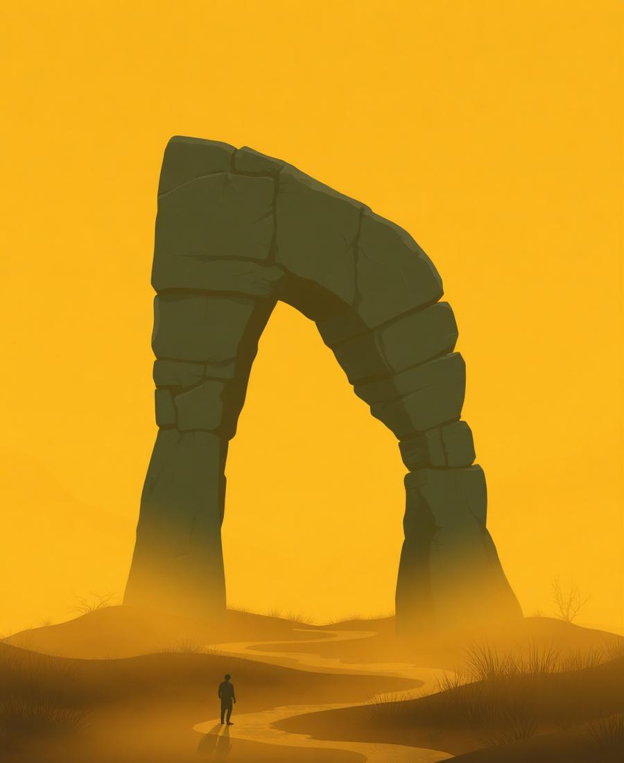 Flat illustration of a stone arch in a misty amber landscape