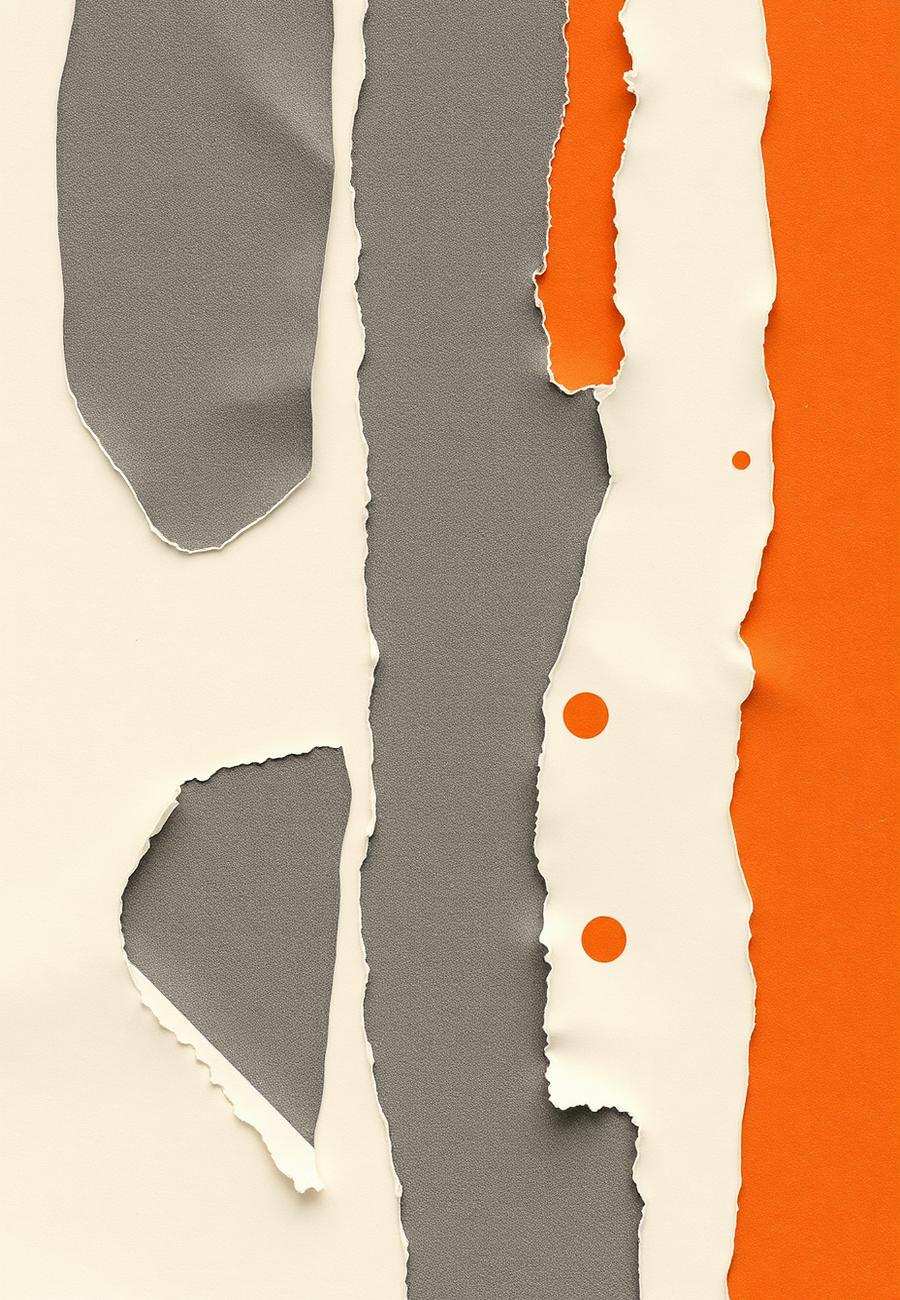 Torn paper collage in cream, grey and orange with dots